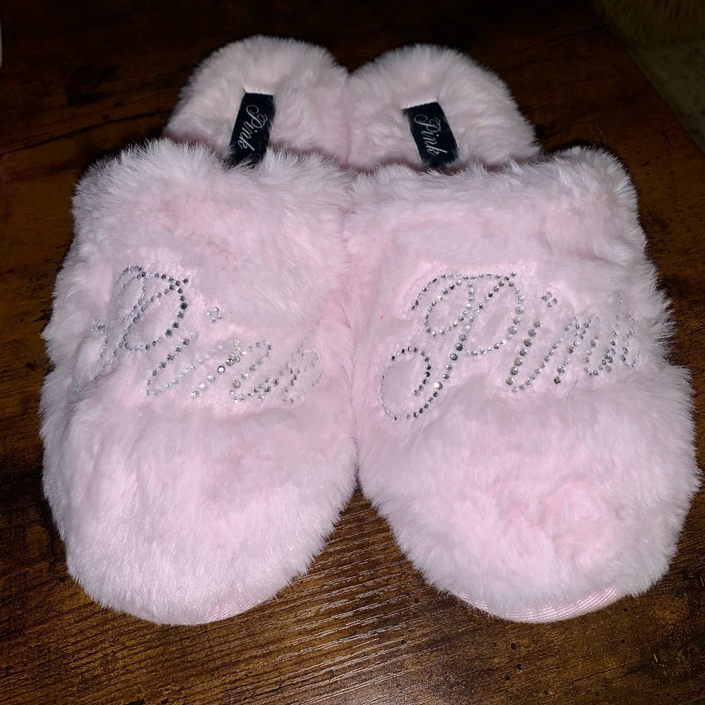 Pink Fluffy Slippers with Rhinestone Detail